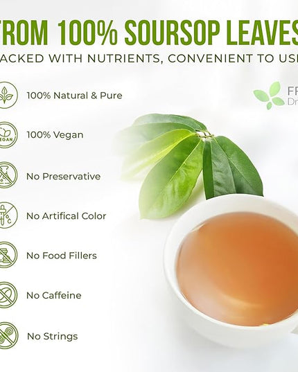 FreshDrinkUS, Premium Soursop Graviola Leaf Tea | 45 Tea Bags form Powder, 100% Natural and Pure, Handmade, Made With Natural Materials-Corn Fiber Tea Bag, Sugar/Caffeine Free, Hoja Guanabana Tea