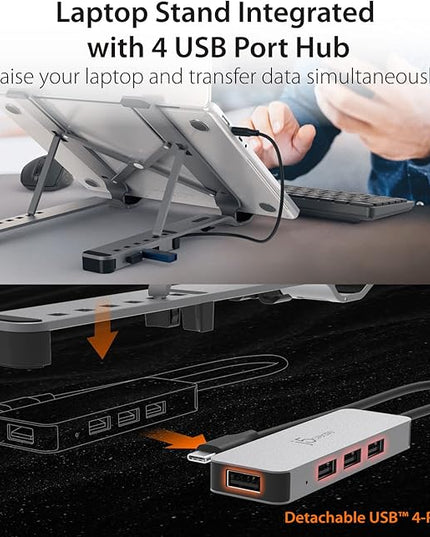 j5create Portable Aluminum Laptop Stand with USB 4-Port Hub, Foldable and Adjustable Notebook Riser with 4 USB-A Ports for MacBook, Laptop, and Tablet up to 16" (JTS223)