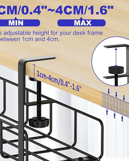 Under Desk Cable Management Tray, 31.5'' No Drill Steel Cable Tray Organizers, Wire Management Tray Cable Rack with Clamp Mount, Metal Under Desk Tray with Wire and Cord Organizer (Black, 2 Pack)