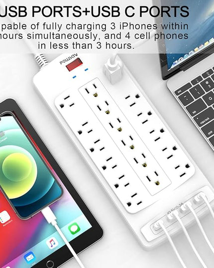 18 Outlets Surge Protector Power Strip - 20 Feet Flat Plug Heavy Duty Extension Cord with 18 Widely Outlets and 4 USB Ports, 2100 Joules, White, ETL Listed