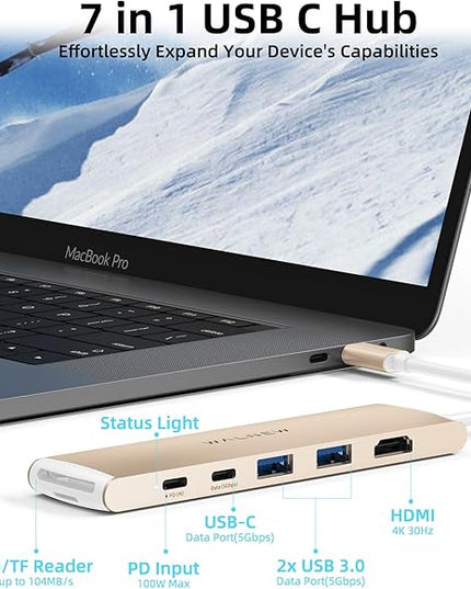 WALNEW 7 in 1 USB-C Hub with 4K HDMI,100W PD,5Gbps Data Port(1 Type-C & 2 USB 3.0),SD/TF Reader, Thunderbolt 4 Dock Multiport Adapter for MacBook Pro Air,Mac,iPad 10/Mini 6,Surface (Starlight)