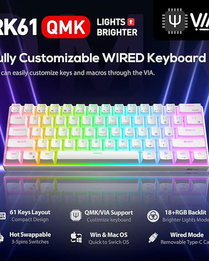 RK ROYAL KLUDGE RK61 60% Gaming Keyboard, Wired RGB Mechanical Keyboard with No-Conflict 61 Keys, Hot Swappable PC Game Keyboards for Windows Mac, Quiet Red Switch-White