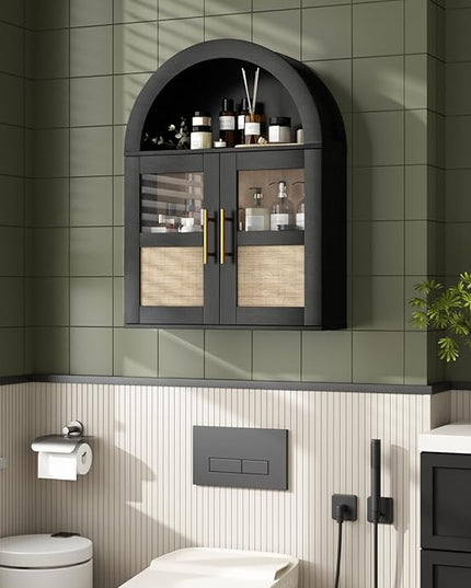 RUSTOWN Arched Bathroom Wall Cabinet, Rattan Medicine Cabinet with 2 Glass Doors, Farmhouse Over The Toilet Storage Cabinets with Adjustable Shelves, 3-Tier Wall Mounted Cabinets