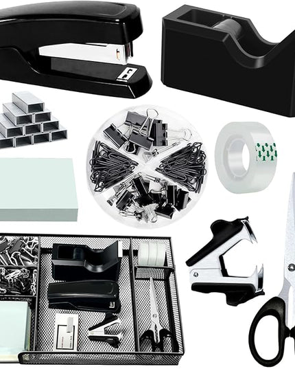 Black Office Desk Accessories, Black Office Supplies Set, Desk Drawer Organizer,Stapler and Tape Dispenser Set,Tape,Staple Remover, Staples, Paper Clips, Scissor and Sticky Note