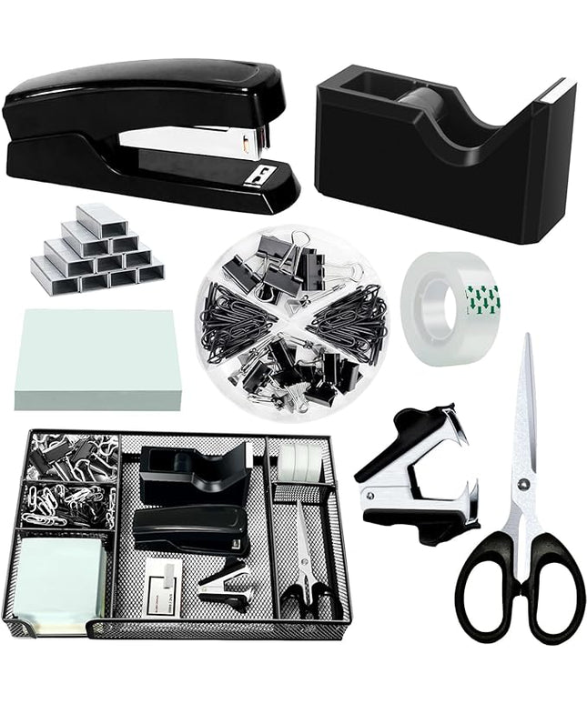 Black Office Desk Accessories, Black Office Supplies Set, Desk Drawer Organizer,Stapler and Tape Dispenser Set,Tape,Staple Remover, Staples, Paper Clips, Scissor and Sticky Note