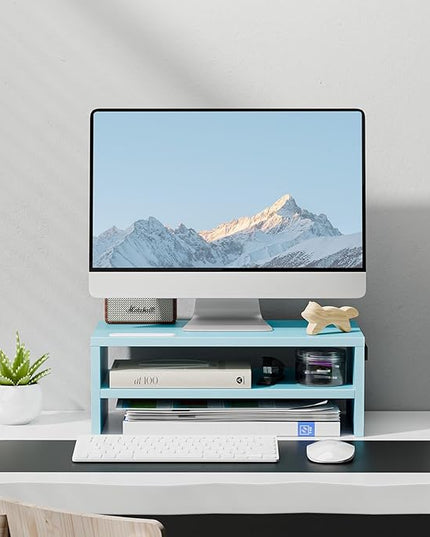 Marbrasse Monitor Stand Riser, 16.5 Inch 2 Tier Computer Printer Shelf Stand for Laptop Computer Screen Storage, Desktop Stand with Phone Holder and Cable Management (Blue)