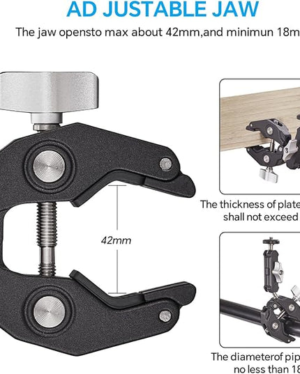 Super Clamp Camera Clamp Mount Monitor 360°Ballhead Magic Arm Double Ball Head Adapter with 1/4"-20 & 3/8"-16 Thread for Canon Nikon DSLR Camera/Gopro/LED Light Ronin-M/Ronin MX/FreeflyMOVI