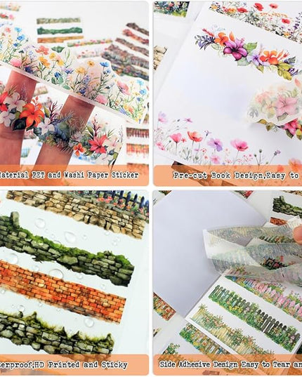20 Sheets Gardening Scene Pre-Cut Sticker Book for Junk Journal Supplies, Flower Fence Retro Wall Collage Background Journaling Stickers, PET and Washi Stickers for Adults Planner Bujo