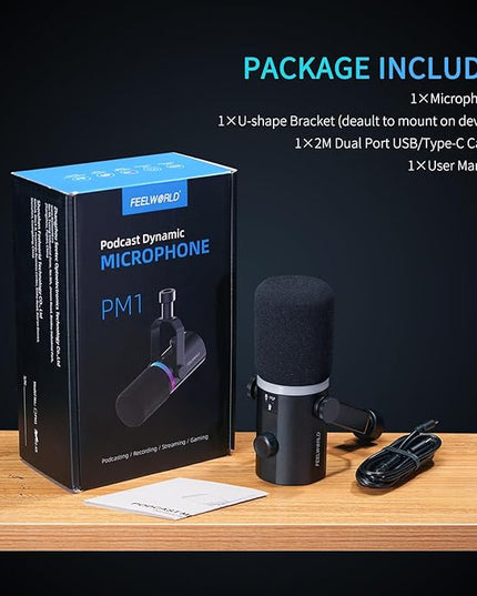 FEELWORLD PM1 XLR USB Dynamic Microphone Gifts for Podcast Recording PC Computer Gaming Live Streaming Vocal Voice-Over, Studio Metal Mic with Voice-Isolating, RGB Light, Mute Button, Headphones Jack