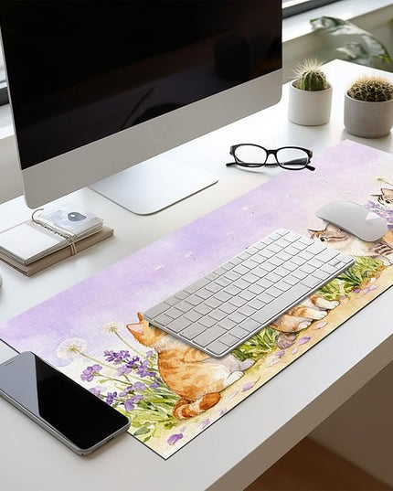 XL Mouse Pad Gaming Mousepad 31.5 x 11.8 Inch Large Keyboard Desktop Mat Diatomite Mouse Pad for Home and Office Desk Accessories with Watercolor Cat Lavender Meadow Artwork