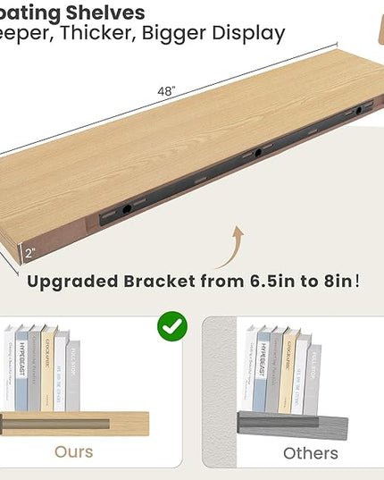Heimlove 12 Inch Deep Floating Shelves, 48 x 12 inches Long Wall Shelf, Large Display Shelf & Storage Shelf, Rustic Wood Wall Shelves for Fireplace Mantel, Set of 2(Oak)