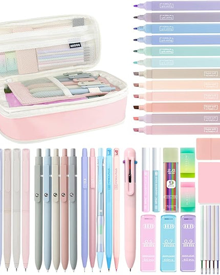 54Pcs Aesthetic School Supplies Set with Large Pastel Pencil Case 12 Dual Tip Highlighters, 6 Gel Pens, 5 Black Pens, 5 Mechanical Pencils (0.5-2.0mm) for Students Stationary College Essentials Gifts