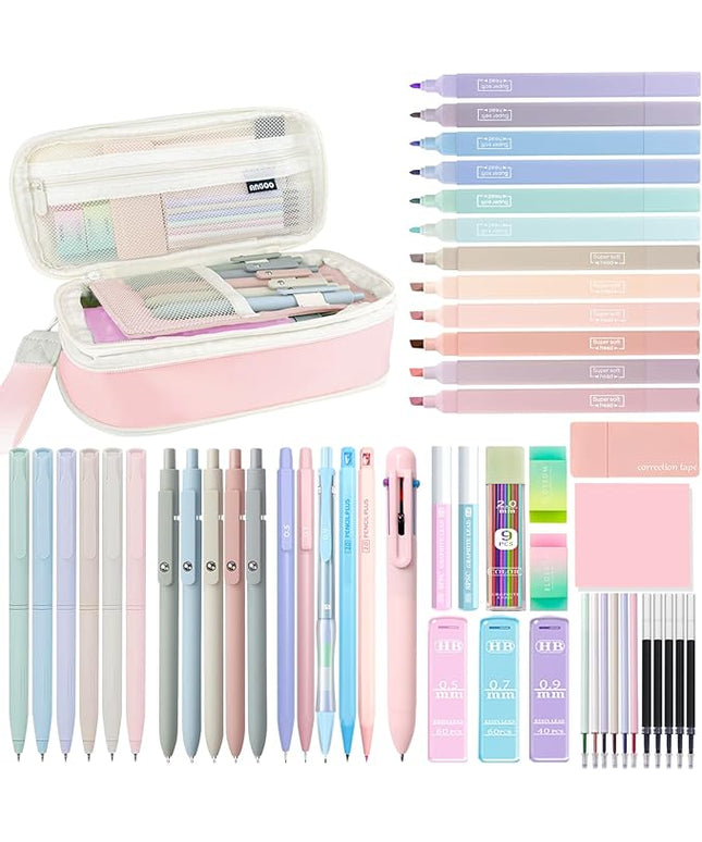 54Pcs Aesthetic School Supplies Set with Large Pastel Pencil Case 12 Dual Tip Highlighters, 6 Gel Pens, 5 Black Pens, 5 Mechanical Pencils (0.5-2.0mm) for Students Stationary College Essentials Gifts