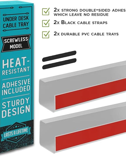No-Screw Under Desk Cable Management Tray - Self-Adhesive Installation, Cord Management, Cable Tray, Under Desk Wire Organizer - White Set of 2
