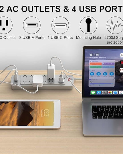 Power Strip, ALESTOR Surge Protector with 12 Outlets and 4 USB Ports, 6 Feet Extension Cord (1875W/15A), 2700 Joules, ETL Listed, Grey