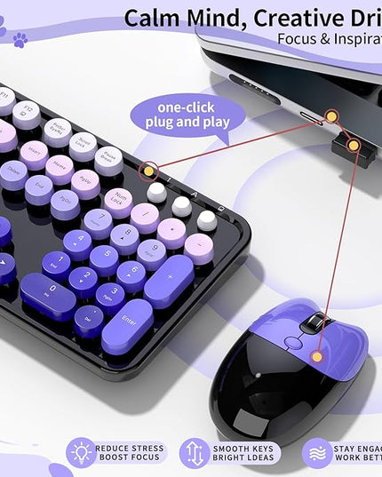 Wireless Keyboard and Mouse, 104 Round Keycaps Retro Typewriter with OTG & Brush, Full-Size Ergonomic, Ideal for Windows PC, Home, Office and College Purple Pink