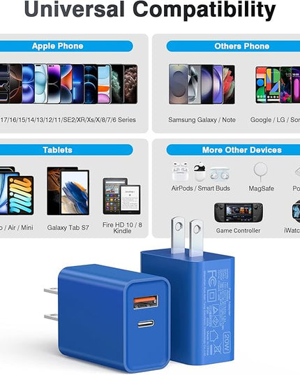 2 Pack USB C Charger, 20W PD Fast Charger Dual Port Plug Type C Charger Compatible for iPhone 12/13/14/15/16/17/Pro/Pro Max/Plus/X/SE3 iPad Pro Cube,Galaxy S25/S24 Dark Blue