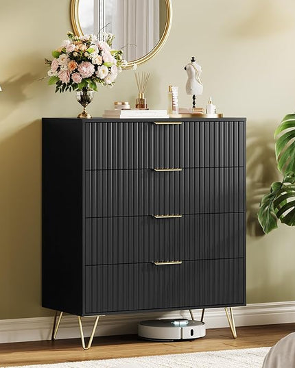 Garvee Fluted Dresser for Bedroom with 4 Drawers,32" Wide Modern Chest of Wooden Bedroom Chest with Metal Handle,Wide Clothes Storage Organizer,Closet Dresser & TV Stand for Living Room,Hallway,Black