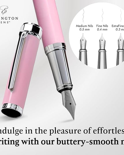 Ellington Pens Luxury Fountain Pen Set - Extra Fine Nib - Includes 3 Ink Cartridges, Refillable Ink Converter, Gift Box - Fountain Pens For Writing, Calligraphy, Journaling, Sketching (Rosy Flair)