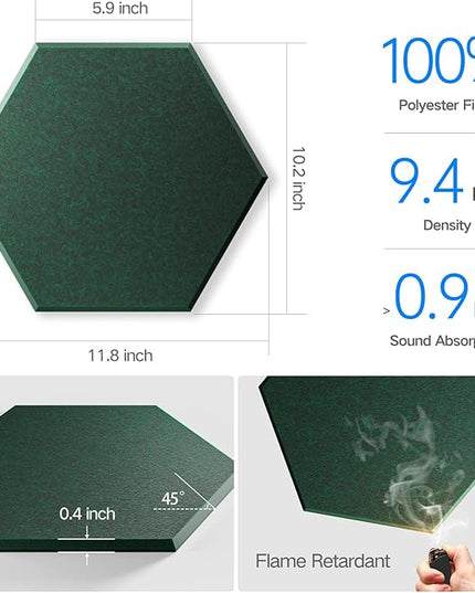 12 Pack Self-Adhesive Acoustic Panels 12" X 10" X 0.4" - Sound Proof Foam Panels with High Density, Stylish Hexagonal Design, Flame Resistant, Absorb Noise and Eliminate Echoes(Ink Green)