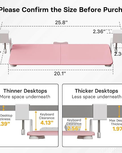 BONTEC KMT01-PJ Under Desk Keyboard Tray, Pull-Out Keyboard & Mouse Platform with C-Clamp, 20 x 11.8 in Space-Saving Ergonomic Slide-Out Drawer, Pink