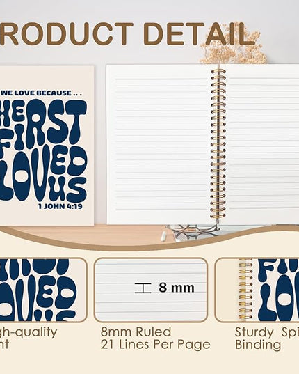Navy Blue Christian Spiral Journal Notebook 5.5x8.3in, Bible Verse Journal for Woman, We Love Because He First Loved Us 1 John 4:19 Scripture Notebooks for Note Taking, Hardcover Notebook