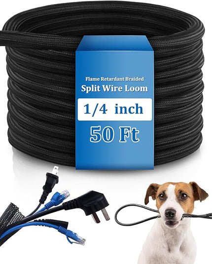 Pangda 50ft Split Wire Loom Tubing Flame Retardant Braided Cable Sleeve Split High Temperature Cable Conduit Auto Wire Conduit for Industrial Electrical Tinsel Automotive Marine(50 Ft, 1/4")