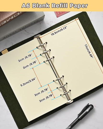 A6 6-Hole Blank Loose-Leaf Paper, Beige – Refill Pages for Standard A6 6-Ring Binder, Journals, Planners – Ideal for Office, Study, Recipes, Travel & Budgeting – Pack of 2 (80 Sheets per Pack)