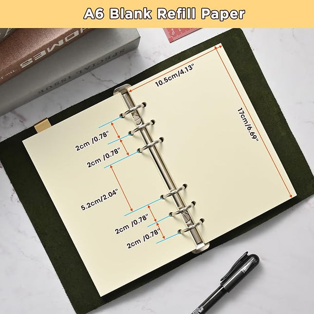 A6 6-Hole Blank Loose-Leaf Paper, Beige – Refill Pages for Standard A6 6-Ring Binder, Journals, Planners – Ideal for Office, Study, Recipes, Travel & Budgeting – 80 Sheets