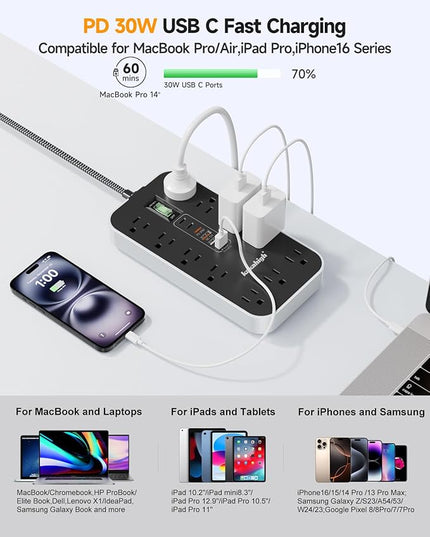 PD30W USB Extension Cord with Multiple Outlets- 5 FT USB Power Strip, 1625W AC Extension Cord with 11 AC Outlet 6 USB, Desk Charging Station for Home, Office, Dorm, Gaming Room Essentials