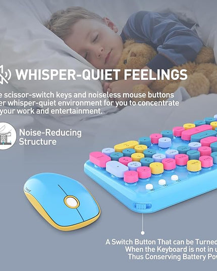 FOPETT 2.4GHz Wireless Keyboard and Mouse Set with Switch Button - Full-Size Keyboard - Compatible for Windows/Laptop/PC/Notebook/Smart TV and More - Blue Colorful