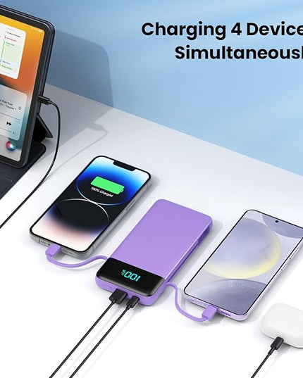 Portable Charger for iPhone with Built in Cables and Wall Plug,Upgraded 13800mAh Fast Charging USB C Power Bank,4 Outputs Travel Essential Battery Pack Compatible with iPhone 15/14/13,Samsung-Purple