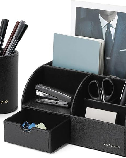 Vlando Office Desk Organizer Leather Desktop Organizer Caddy with Drawer for Storing Desktop Supplies and Accessories (Black Set)