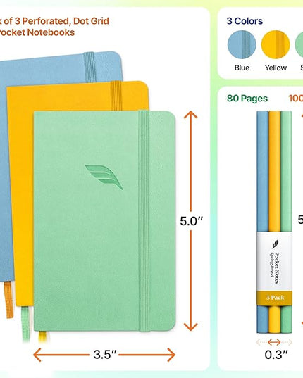 Roterunner A6 Pocket Notebook (Spring Pastel) 3 Pack 3.5x5.5 Dotted Mini Notebook Journal 100Gsm Perforated Paper, Work Gym Travel Journal Notebook, Leather Small Notebook Numbered with Notes Index