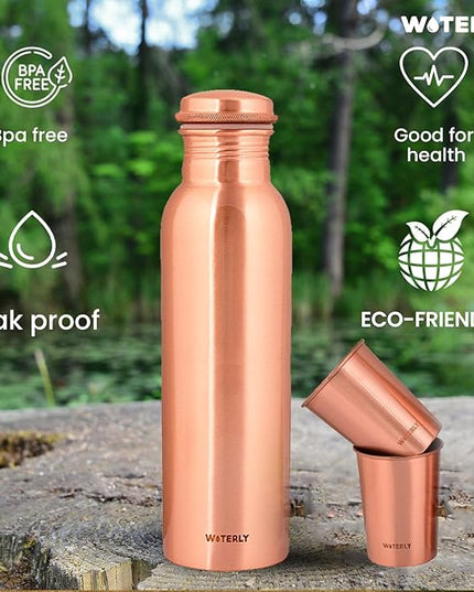 Plain Copper Water Bottle (34 Oz /1000ml) With Set Of 2 Tumbler (10 Oz/300ml Each) | Best use for Office,Gym & gifts |100% Pure Copper Material with Leak proof Quality Made In India