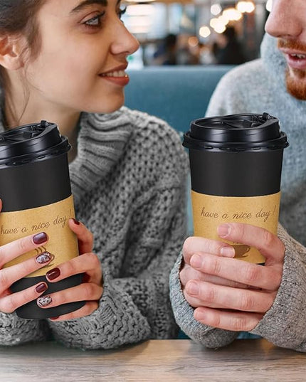 Lamosi 20 oz Disposable Coffee Cups with Lids 50 Pack, Hot Paper To Go Cups with Lids, Stir Sticks and Sleeves, for Home, Travel, Office