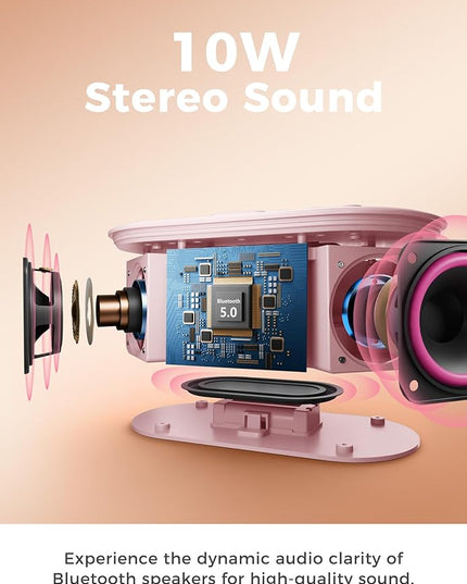 Wireless Charging Alarm Clock Radio: Qi Certified Fast Wireless Charger for iPhone Samsung - 10W Stereo Bluetooth Speaker - Dimmable Digital Clock with FM Radio for Bedroom Pink