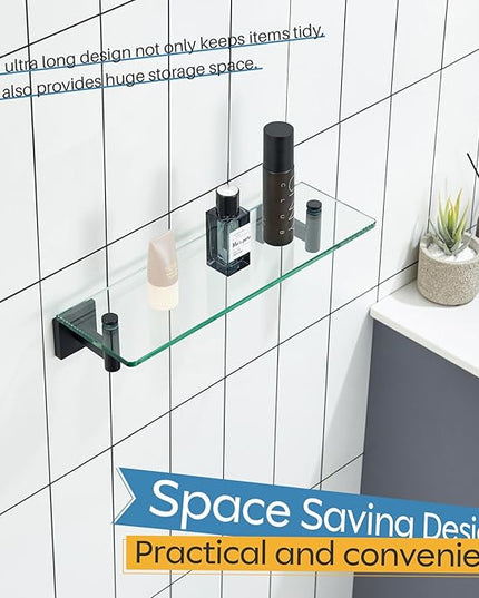 KOKOSIRI Bathroom Shelves Glass Floating Shelf 16-Inch for Bedroom, Living Room, Kitchen, Small Hanging Rack Rustproof Wall Mounted Black B1105BK-L16
