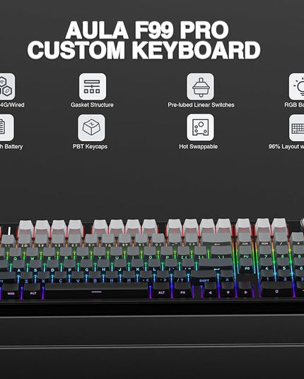 AULA F99 Pro Wireless Mechanical Keyboard with Knob,Gasket Structure,Tri-Mode BT5.0/USB-C/2.4GHz Hot Swappable Keyboard,Creamy Sound,RGB Backlit PBT Keycaps Computer Gaming Keyboards