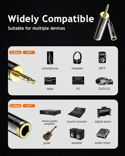 ANDTOBO 1/4'' to 3.5 mm Stereo Pure Copper Headphone Adapter, 3.5 mm(1/8'') Plug Male to 6.35 mm (1/4'') Jack Female Stereo Adapter for Headphone, Amp Adapter, Black 2-Pack