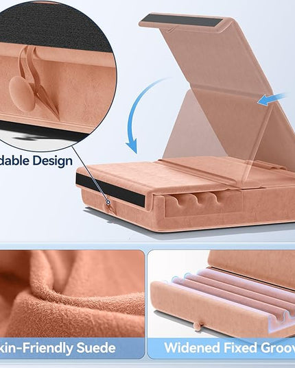 KDD Tablet Pillow Holder, Foldable iPad Stand for Lap, Bed and Desk -Tablet Soft Pad Dock with Pocket & Stylus Mount Compatible with iPad Pro 12.9, 10.5, 9.7 Air Mini 6 5 4 3, E-Reader