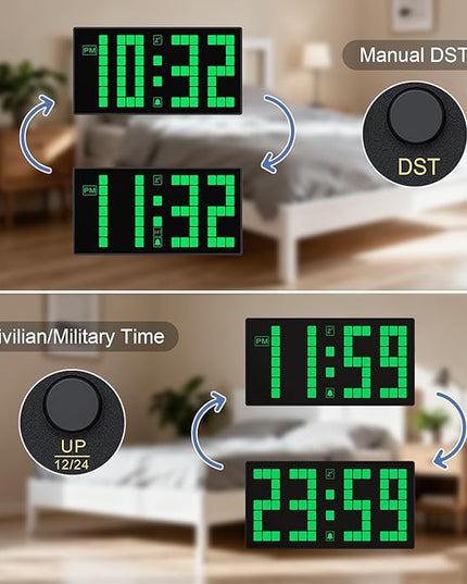 KWANWA Digital Alarm Clock with Auto-Dimmable LED Pixel Display, Weekend Alarm Mode, Plug-in Power with Battery Backup, DST Adjustment, Small Clock for Bedroom Desk (Green LED)
