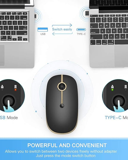 VssoPlor Type C Wireless Mouse USB C Rechargeable Portable Quiet Laptop Mouse USB and Type C Receiver Dual Mode Mice for PC, Laptop, MacBook, Tablet-Black Gold