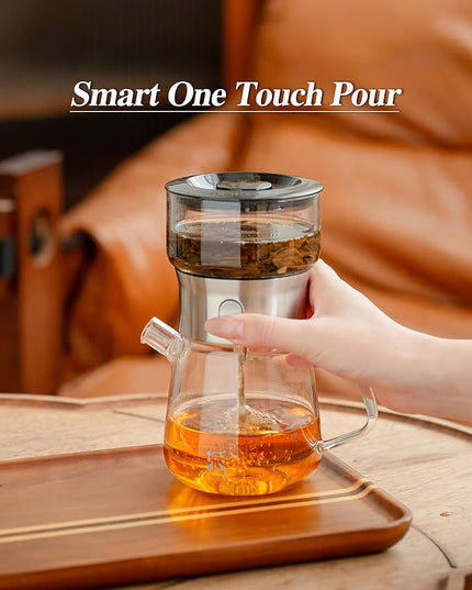 ZENS Modern Glass Tea Infuser Teapot Set, Smart One Touch Tea Maker for Loose Tea Diffusers with 2 Gongfu Cups, Cool Enchanted Tea Pot Alternatives for Black Tea Lovers Gifts-400ml