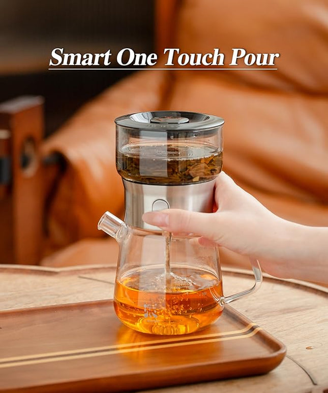 ZENS Modern Glass Tea Infuser Teapot Set, Smart One Touch Tea Maker for Loose Tea Diffusers with 2 Gongfu Cups, Cool Enchanted Tea Pot Alternatives for Black Tea Lovers Gifts-400ml