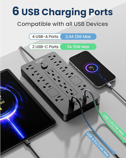 Surge Protector Power Strip-14 Outlets and 6 USB Ports, 6 Feet Flat Plug Extension Cord, 1850 Joules, Black, ETL Listed for Home, Office, Dorm Room