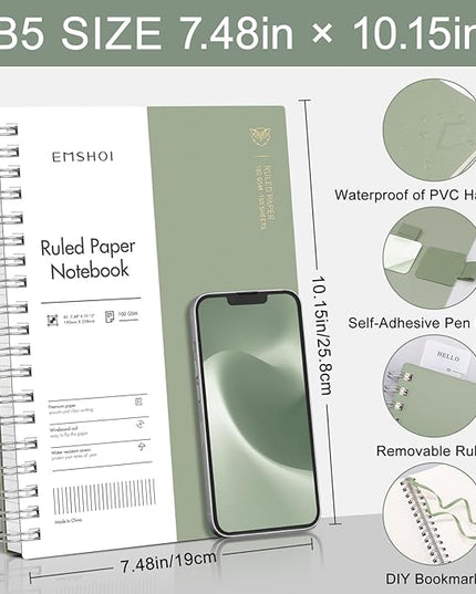 EMSHOI Lined Spiral Journal Notebook, B5 College Ruled Notebook, 300 Pages/150 Sheets, 100gsm Acid-Free Paper, Waterproof Softcover Notebook for School, Work, Note Taking, 7.48" × 10.15" - Light Green