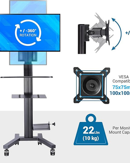 Yescom Mobile Computer Cart Rolling PC Stand Desk Workstation on Wheels with Monitor Mount Adjustable Keyboard Tray CPU Printer Holder for Hospital Clinic School Office Black