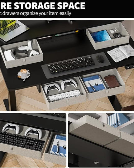 Kingant Standing Desk with Drawers & USB Charging Port, 48" x 30" Height Adjustable Home Office & Gaming Desk, Sit Stand Desk with Built-in Storage Shelf, Hook & Ergonomic Design(Classic Black)