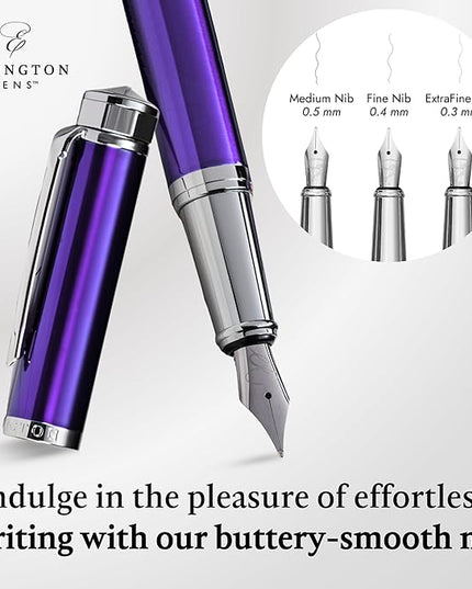 Ellington Pens Luxury Fountain Pen Set - Smooth Fine Nib - Includes 3 Ink Cartridges, Refillable Ink Converter, Gift Box - Fountain Pens For Writing, Calligraphy, Journaling, Sketching (Purple Haze)